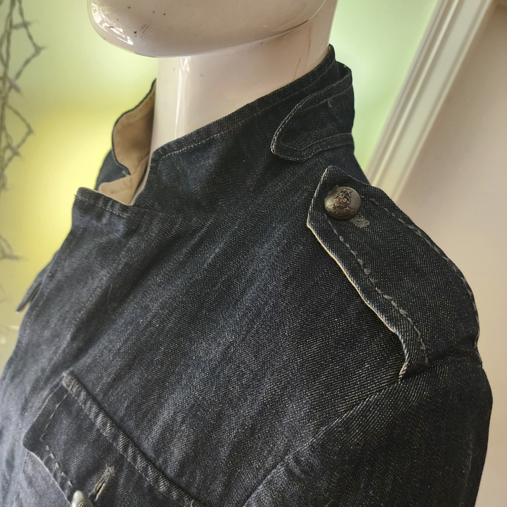 Mens Dark Wash Denim Military Field Jacket Stand Collar Epaulettes Navy Blue - Picture 14 of 14